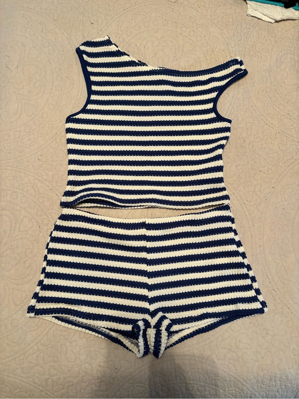 Shein Striped Navy & White Crochet Crop Top and Shorts Set